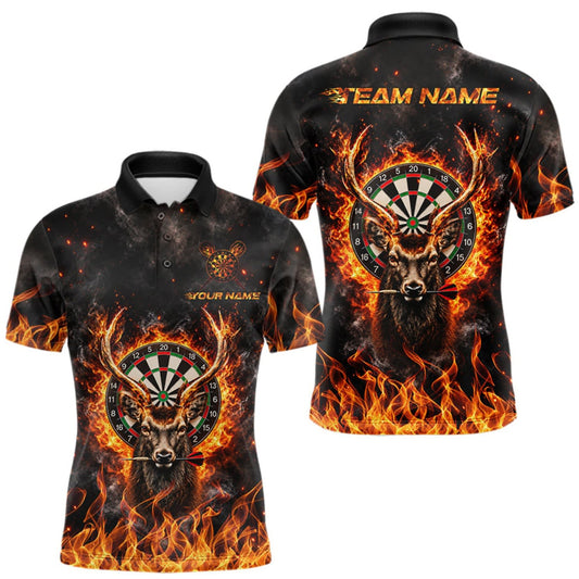 Maxcorners Orange Flaming Deer Dart Polo 1/4-Zip Shirt For Men Personalized Fire Flame Deer Darts Team Tournament LM2709