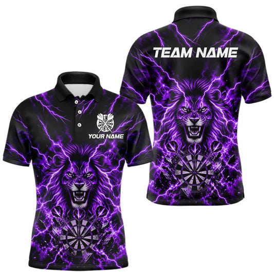 Maxcorners Crown Lion Dart Polo 1/4-Zip Shirt For Men Custom Purple Flaming Lightning Darts Team Tournament LM2709
