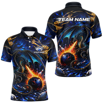 Maxcorners Blue And Gold Dragon Bowling Shirt For Men Custom Fire Flame Polo 1/4-Zip Bowling Team Jersey