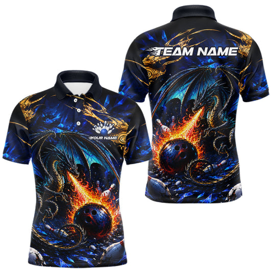 Maxcorners Blue And Gold Dragon Bowling Shirt For Men Custom Fire Flame Polo 1/4-Zip Bowling Team Jersey