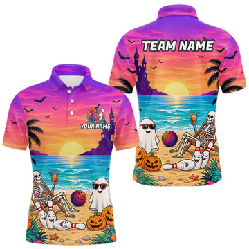 Maxcorners Tropical Skeleton Funny Bowling Custom Halloween Bowling Shirts For Men, Bowling Team Outfits LM0409