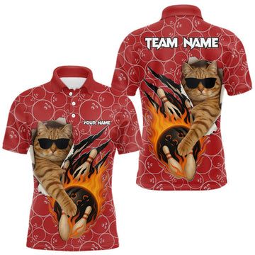 Maxcorners Custom Funny Cat Bowling Shirts For Men, Red Camo Flame Cool Bowling Uniform For Team Bowlers LM0409