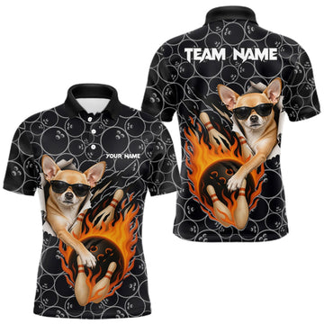 Maxcorners Custom Funny Chihuahua Dog Bowling Shirts For Men, Black Camo Flame Cool Bowling Uniform For Team Bowlers LM0409
