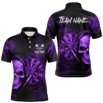 Maxcorners Purple Grunge Skull Dartboard & Arrow Men Darts Polo Shirt Personalized Darts Team Jerseys