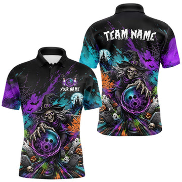 Maxcorners Personalized Halloween Bowling Shirt For Men Custom Skeleton Witch Bowling Jersey Halloween Bowler Gift LM0409