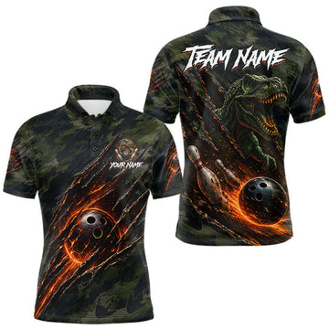 Maxcorners Green Camo Mens Bowling Polo 1/4-Zip Shirt Dinosaur Bowling Custom Name Retro Bowling Team Shirt LM0208