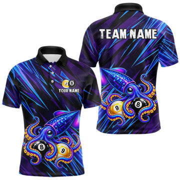 Maxcorners Custom Funny 8 Ball 9 Ball Squid Polo 1/4-Zip Shirt For Men Purple Blue Neon Billiard Tournament Shirt LM0510