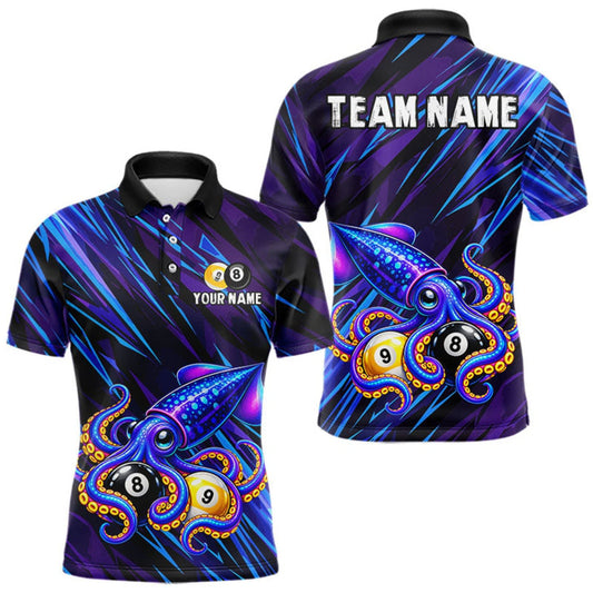 Maxcorners Custom Funny 8 Ball 9 Ball Squid Polo 1/4-Zip Shirt For Men Purple Blue Neon Billiard Tournament Shirt LM0510