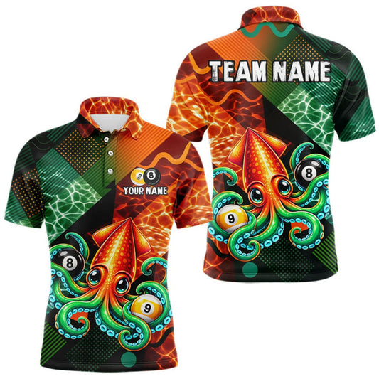 Maxcorners Green Orange Flame Squid 8 Ball& 9 Ball Billiard Shirt For Men Funny Billiard Team Tournament Shirt LM0510