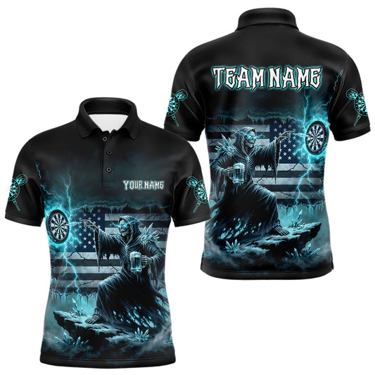Maxcorners Custom Lightning Turquoise Grim Reaper Beer Funny Men Darts Polo Shirt US Flag Dart Jerseys LM2603