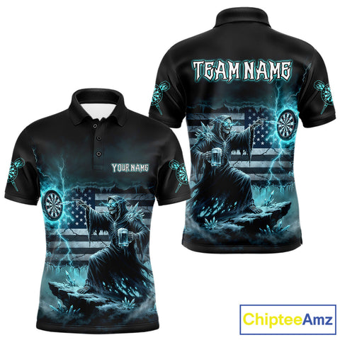 Maxcorners Custom Lightning Turquoise Grim Reaper Beer Funny Men Darts Polo Shirt US Flag Dart Jerseys TU0411