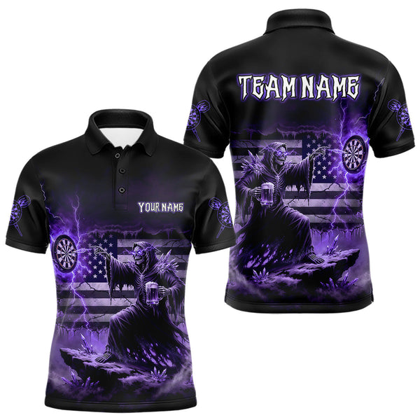 Maxcorners Custom Lightning Purple Grim Reaper Beer Funny Men Darts Polo Shirt US Flag Dart Jerseys TU0411