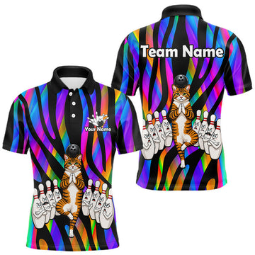 Maxcorners Rainbow Holographic Bowling Polo 1/4-Zip Shirts For Men Custom Funny Cat Bowling Pins Team Shirt LM0208