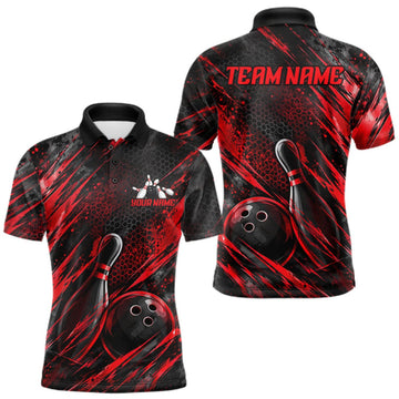 Maxcorners Personalized Red Splatter Hexagon Bowling Polo 1/4-Zip For Men Custom Bowling Team Tournament Shirts LM0410