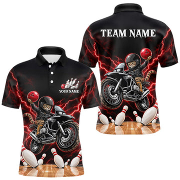 Maxcorners Custom Funny Racing Cat Bowling Shirt For Men Red Thunder Bowling Polo 1/4-Zip Team Jersey LM0410