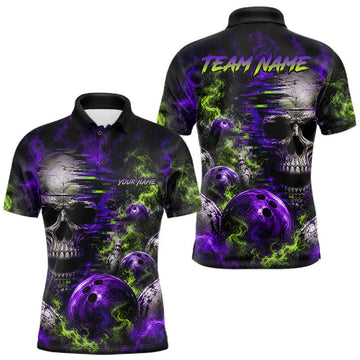 Maxcorners Custom Green & Purple Smoke Skull Bowling Shirts For Men Retro Skull Bowling Tournament Shirt LM0208