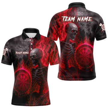 Maxcorners Custom Grey And Red Flames Dartboard Skeleton Dart Men Polo Shirt Dart Team Jerseys LM0404