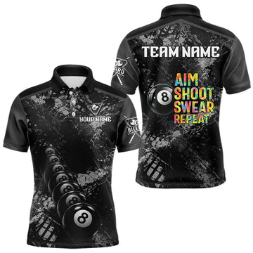 Maxcorners Aim Shoot Swear Repeat Ball Pool Men Polo & 1/4-Zip Team Shirt Custom 8 Ball Billiards Apparel