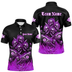 Maxcorners Custom Purple Flames Shark And Skull 3D Men Darts Polo League Shirts Funny Dart Jerseys