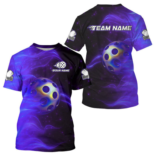 Maxcorners Custom Purple Flames Holographic Pickleball Ball T-Shirt For Men Outfit Pickleball Jersey MT1309