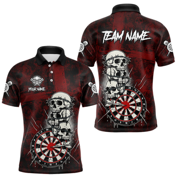 Maxcorners Custom Red Grunge Barbed Wire Grey Skull Dartboard Men Darts Polo Shirt Dart Jerseys TU1711