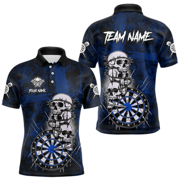 Maxcorners Custom Blue Grunge Barbed Wire Grey Skull Dartboard Men Darts Polo Shirt Dart Jerseys TU1711