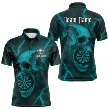 Maxcorners Custom Lightning Turquoise Grim Heaper Dartboard Men Dart Polo Shirt Skull Dart Team Jersey