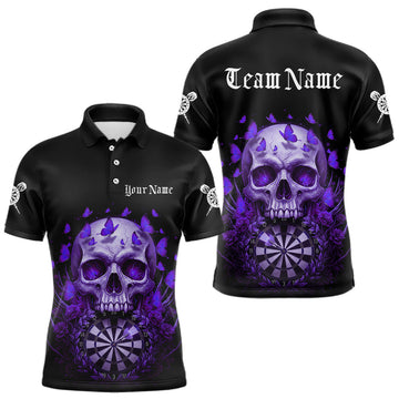 Maxcorners Custom Purple Butterflies Skull Head Flowers Dartboard Men Darts Polo Shirt, Dart Jerseys LM2603