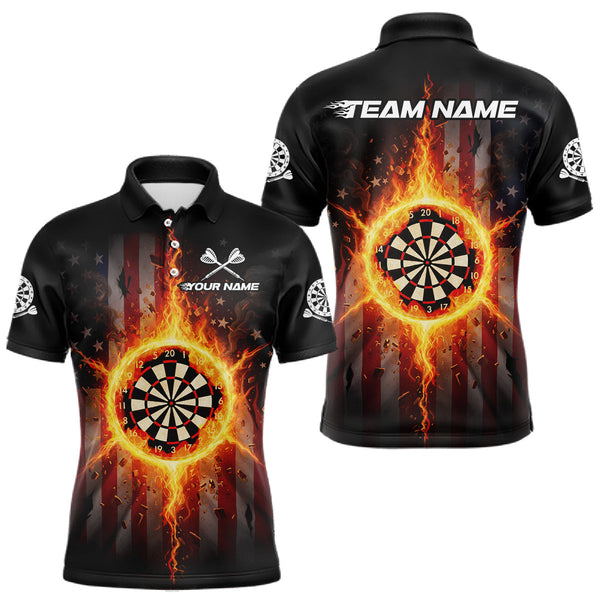 Maxcorners US Flag Fire Flame Cracked Dartboard Custom Men Darts Polo Shirt Patriotic Dart Jerseys MT0811