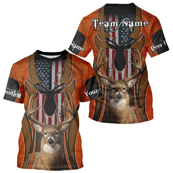 Maxcorners Personalized Orange US Flag Deer Hunting Shirts for Men - Custom Crew Hunting Outfit & Gifls LM2608