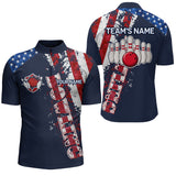 MaxCorners Bowling Ball And Pins Bowlers Jersey American Flag Customized Name, Team Name 3D Stand Collar Zipper Polo Shirt