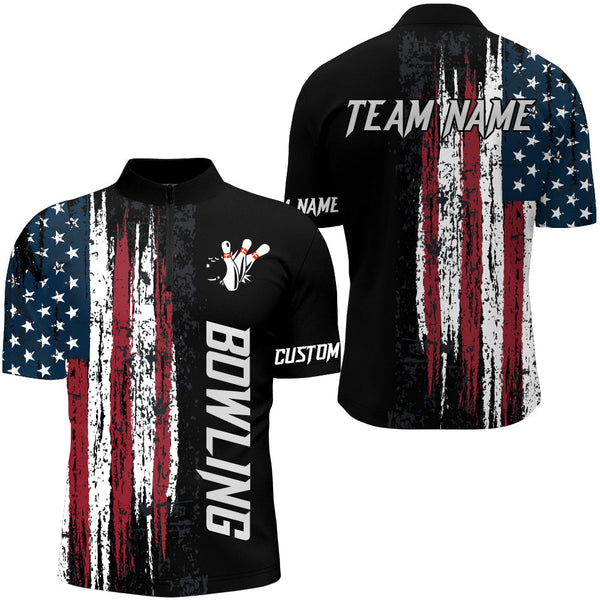 MaxCorners Bowling Ball And Pins American Flag 1 Customized Name, Team Name 3D Stand Collar Zipper Polo Shirt