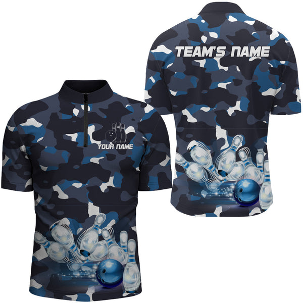 MaxCorners Bowling Ball And Pins Blue Camo Customized Name, Team Name 3D Stand Collar Zipper Polo Shirt