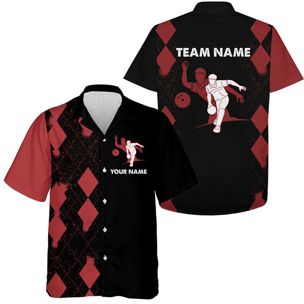 MaxCorners Bowling And Pins  Red&Black Bowler Customized Name, Team Name 3D Hawaiian Shirt