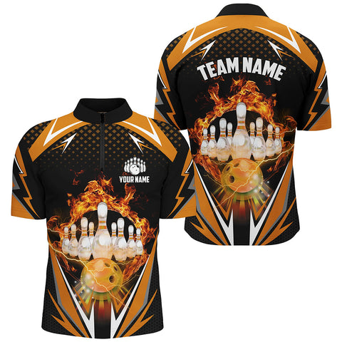 MaxCorners Bowling And Pin Camo Flame Customized Name 3D Stand Collar Zipper Polo Shirt Unisex