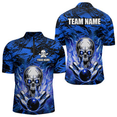 Maxcorners Personalized Blue Flame Skull Bowling Jersey Camo Multicolor Polo Bowling Team LM014
