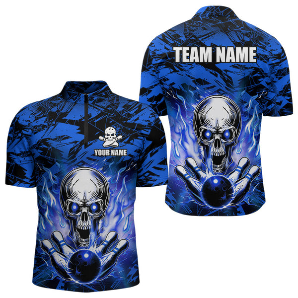 Maxcorners Personalized Blue Flame Skull Bowling Jersey Camo Polo Bowling Team Shirt MT0604