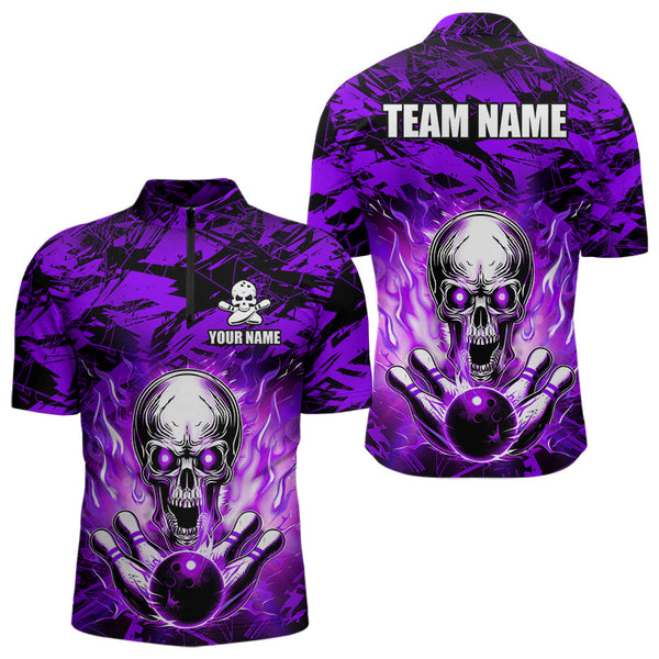 Maxcorners Personalized Purple Flame Skull Bowling Jersey Camo Quarter-Zip Bowling Team Shirt MT0604