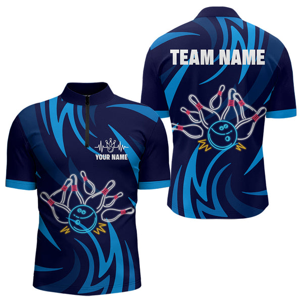 Maxcorners Personalized Neon Blue Bowling Shirts For Men Women Bowling Polo Team Jersey