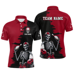 Maxcorners Personalized Red And Black Skeleton Bowling Shirt For Men Skull Bowling Jersey Polo Bowling Shirt