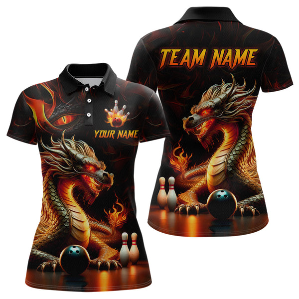 Maxcorners Orange & Black Flame Dragon Bowling Ball Pins Custom Bowling Polo Shirt Bowling Team Jersey