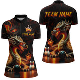 Maxcorners Orange & Black Flame Dragon Bowling Ball Pins Custom Bowling Polo Shirt Bowling Team Jersey