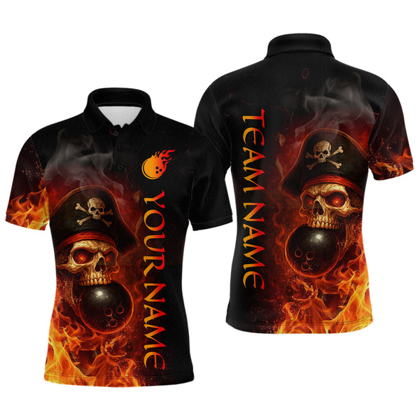 Maxcorners Orange Flame Pirate Skull Bowling Team Shirt for Men Bowling League Jersey Polo Bowling Outfit MT2808