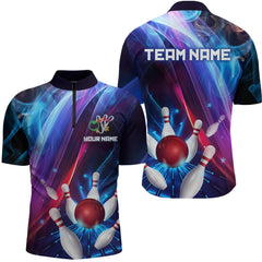 Maxcorners Personalized Galaxy Bowling Pins and Ball Shirt Blue & Purple Neon Polo Bowling Team League