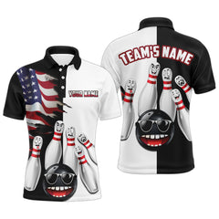 Maxcorners Us Flag Bowling Shirt Funny Black & White Bowling Jersey Men And Women Polo Performance Bowling Shirt