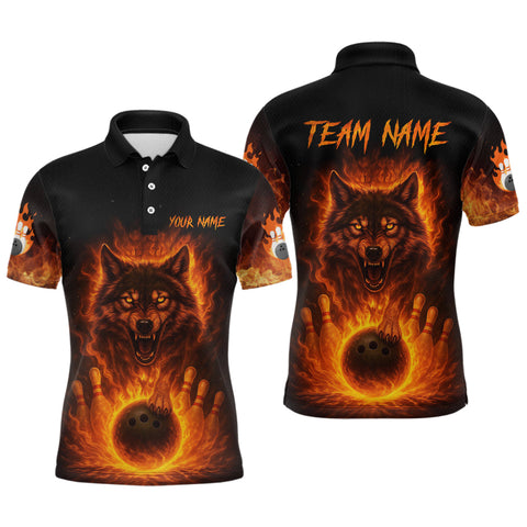 Maxcorners Orange Flame Wolf Bowling Shirt for Men Custom Bowling Jersey League Polo & Quarter-Zip MT1408
