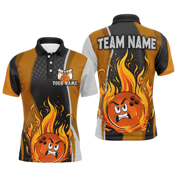 Maxcorners Bowling And Pins Funny Flame Orange  Customized Name, Team Name 3D Polo Shirt