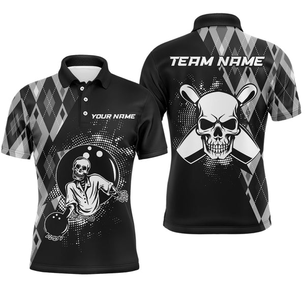 Maxcorners Bowling And Pins Black Men Skull  Customized Name, Team Name 3D Polo Shirt