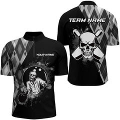 Maxcorners Bowling And Pins Black Men Skull  Customized Name, Team Name 3D Polo Shirt