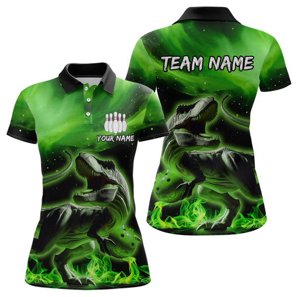 Maxcorners Personalized Green Dinosaur Bowling Shirt Bowling Polo Team League for Men Women